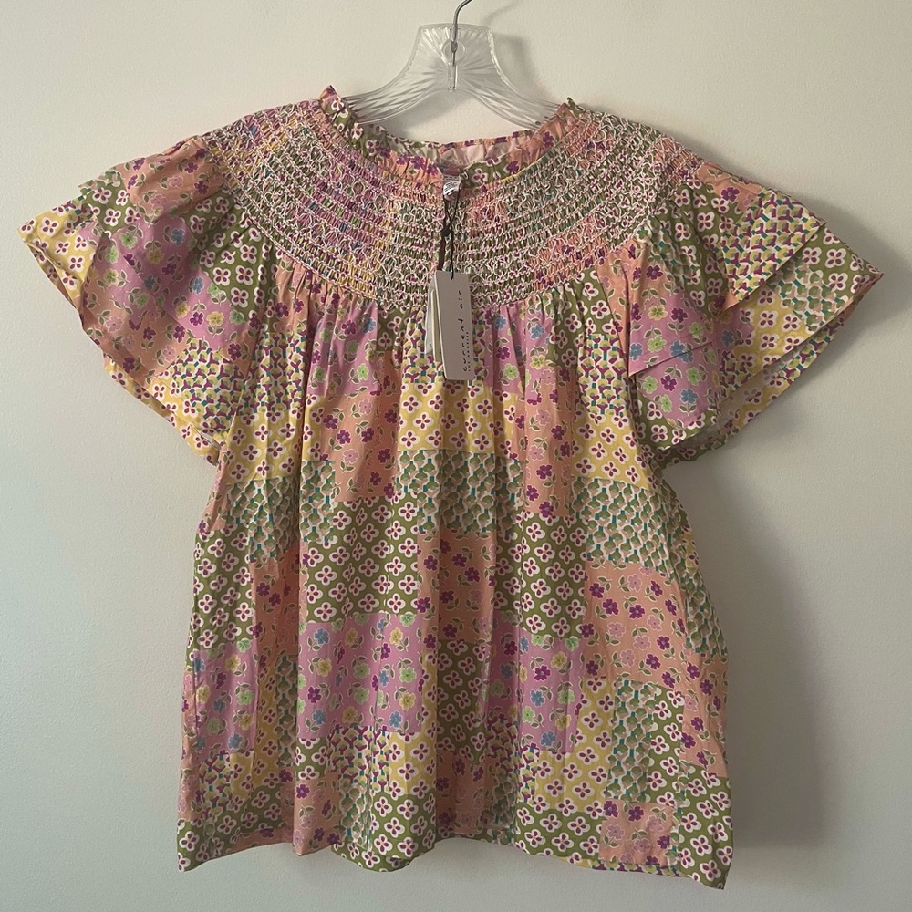 Anthropologie Current Air Floral Patchwork Block Print Blouse Top L Boho Hippie